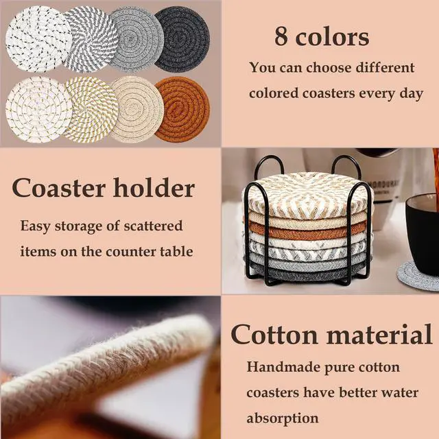 Alt view image 3 of 7 - Woven Coasters Set of 8, Absorbent Drink Coasters with Holder, Boho Cotton Coffee Cup Coaster for Table, Desk, Coffee Bar, Housewarming Gift (8 Colors,4.17 Inch)