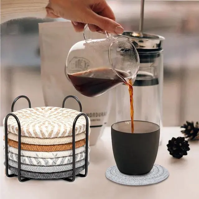 Alt view image 6 of 7 - Woven Coasters Set of 8, Absorbent Drink Coasters with Holder, Boho Cotton Coffee Cup Coaster for Table, Desk, Coffee Bar, Housewarming Gift (8 Colors,4.17 Inch)