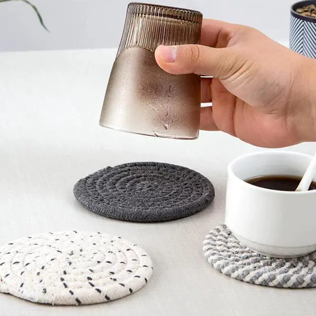Alt view image 7 of 7 - Woven Coasters Set of 8, Absorbent Drink Coasters with Holder, Boho Cotton Coffee Cup Coaster for Table, Desk, Coffee Bar, Housewarming Gift (8 Colors,4.17 Inch)
