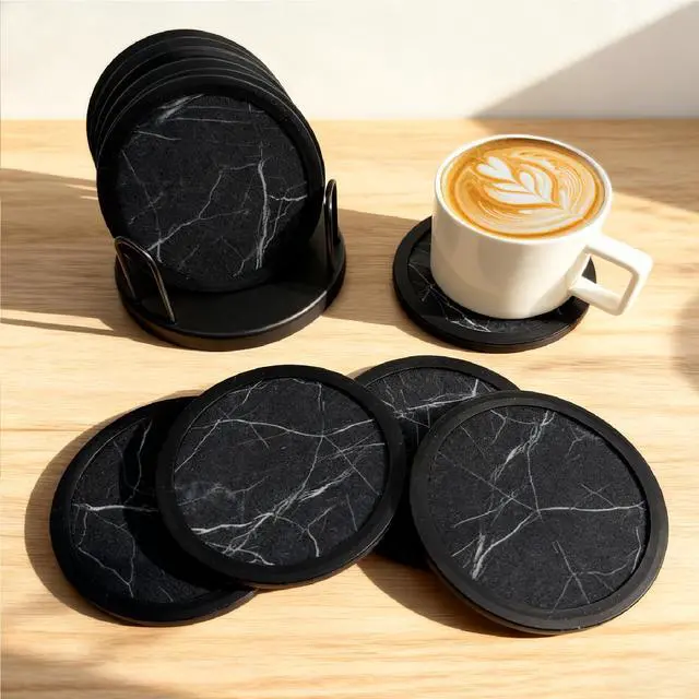 Alt view image 2 of 7 - Set of 6 Non-Slip Silicone Coasters with Holder, Double-Sided Absorbent for Hot/Cold Drinks, Scratch & Water Ring Protection for Wood Tables, Home Office Bar, Black Gold Marble (Black White Pattern)