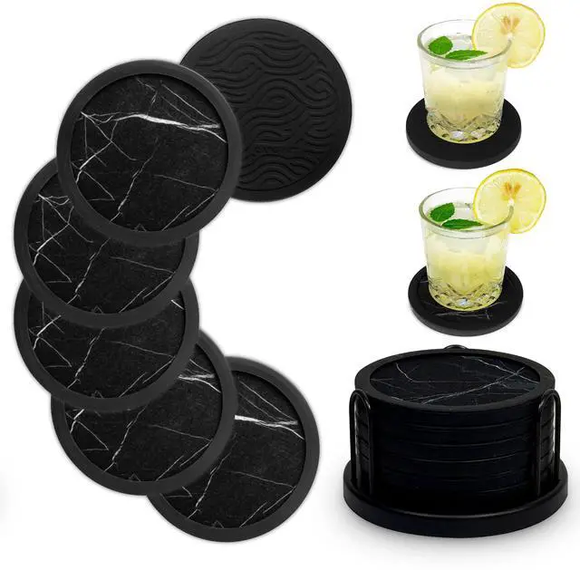 Main image of Set of 6 Non-Slip Silicone Coasters with Holder, Double-Sided Absorbent for Hot/Cold Drinks, Scratch & Water Ring Protection for Wood Tables, Home Office Bar, Black Gold Marble (Black White Pattern)