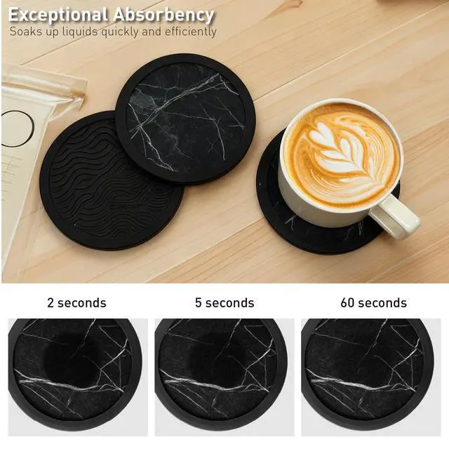 Alt view image 4 of 7 - Set of 6 Non-Slip Silicone Coasters with Holder, Double-Sided Absorbent for Hot/Cold Drinks, Scratch & Water Ring Protection for Wood Tables, Home Office Bar, Black Gold Marble (Black White Pattern)