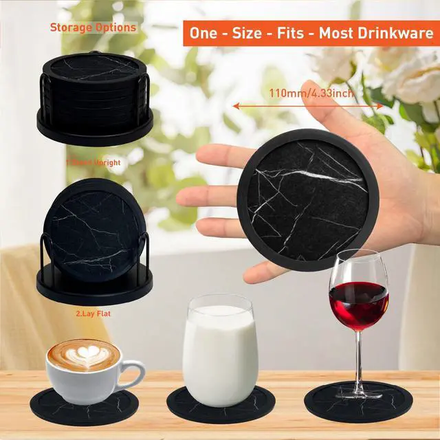 Alt view image 3 of 7 - Set of 6 Non-Slip Silicone Coasters with Holder, Double-Sided Absorbent for Hot/Cold Drinks, Scratch & Water Ring Protection for Wood Tables, Home Office Bar, Black Gold Marble (Black White Pattern)