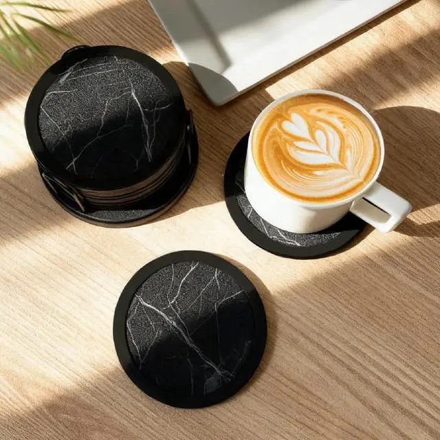 Alt view image 5 of 7 - Set of 6 Non-Slip Silicone Coasters with Holder, Double-Sided Absorbent for Hot/Cold Drinks, Scratch & Water Ring Protection for Wood Tables, Home Office Bar, Black Gold Marble (Black White Pattern)