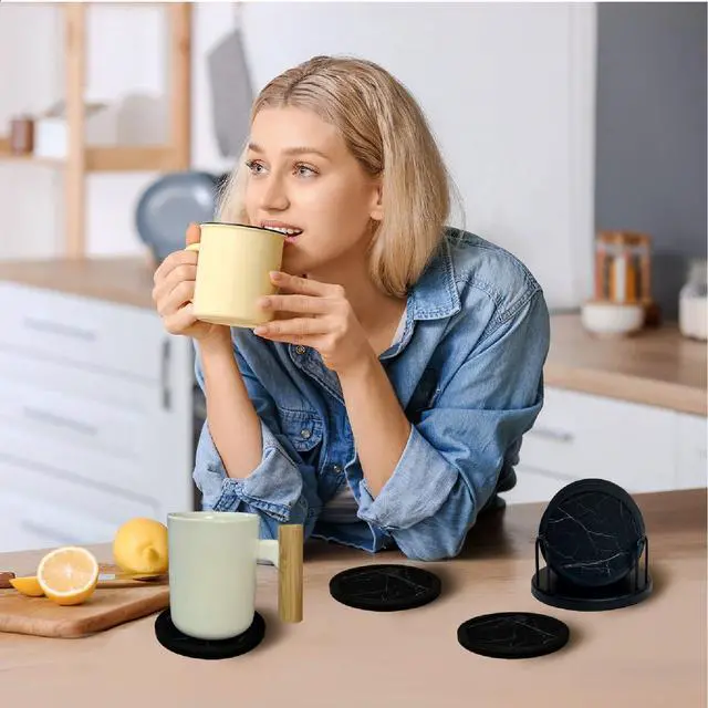 Alt view image 6 of 7 - Set of 6 Non-Slip Silicone Coasters with Holder, Double-Sided Absorbent for Hot/Cold Drinks, Scratch & Water Ring Protection for Wood Tables, Home Office Bar, Black Gold Marble (Black White Pattern)