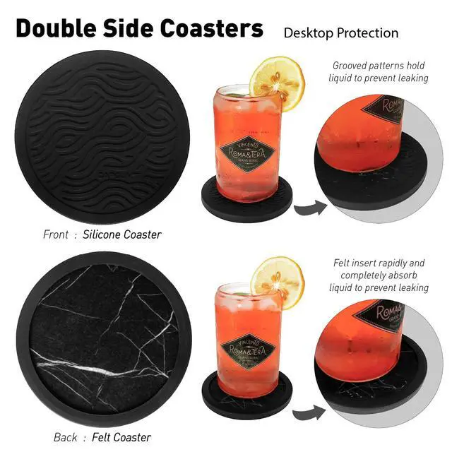 Alt view image 7 of 7 - Set of 6 Non-Slip Silicone Coasters with Holder, Double-Sided Absorbent for Hot/Cold Drinks, Scratch & Water Ring Protection for Wood Tables, Home Office Bar, Black Gold Marble (Black White Pattern)