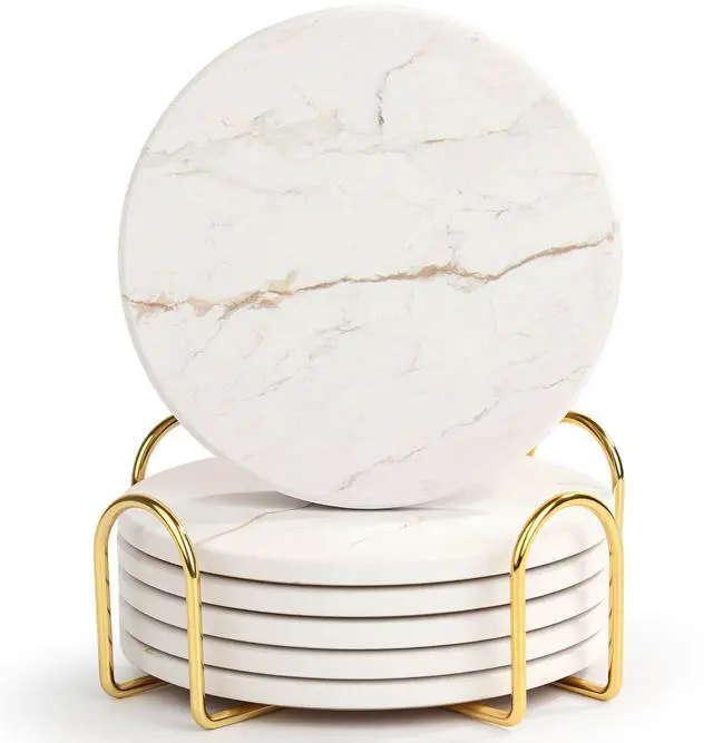 Main image of Drink Coasters with Holder for Coffee Table, Absorbent Coasters Set of 6, Marble Style Ceramic Coaster for Wooden Table, Suitable for Kinds of Cups, Home Decor, 4 Inches(White)