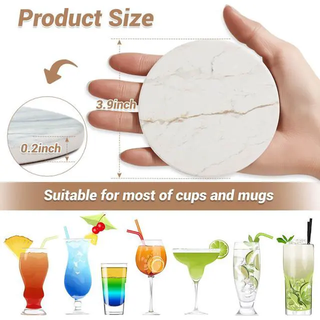 Alt view image 3 of 7 - Drink Coasters with Holder for Coffee Table, Absorbent Coasters Set of 6, Marble Style Ceramic Coaster for Wooden Table, Suitable for Kinds of Cups, Home Decor, 4 Inches(White)