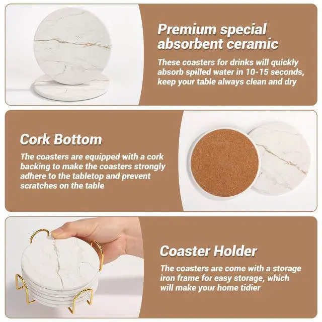 Alt view image 5 of 7 - Drink Coasters with Holder for Coffee Table, Absorbent Coasters Set of 6, Marble Style Ceramic Coaster for Wooden Table, Suitable for Kinds of Cups, Home Decor, 4 Inches(White)
