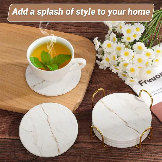 Alt view image 7 of 7 - Drink Coasters with Holder for Coffee Table, Absorbent Coasters Set of 6, Marble Style Ceramic Coaster for Wooden Table, Suitable for Kinds of Cups, Home Decor, 4 Inches(White)