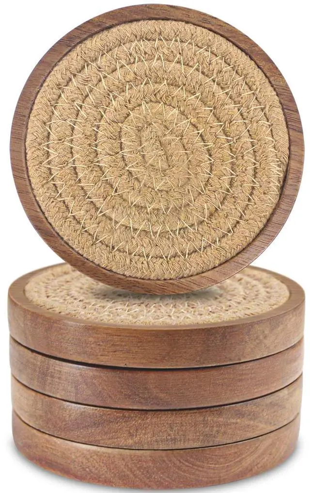 Main image of Wood Coasters for Drinks, Absorbent Coaster Sets of 5, Woven Drink Coasters for Coffee Table, Housewarming Gift for Farmhouse Home Decor,4 inches