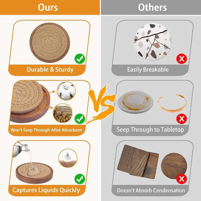 Alt view image 3 of 6 - Wood Coasters for Drinks, Absorbent Coaster Sets of 5, Woven Drink Coasters for Coffee Table, Housewarming Gift for Farmhouse Home Decor,4 inches