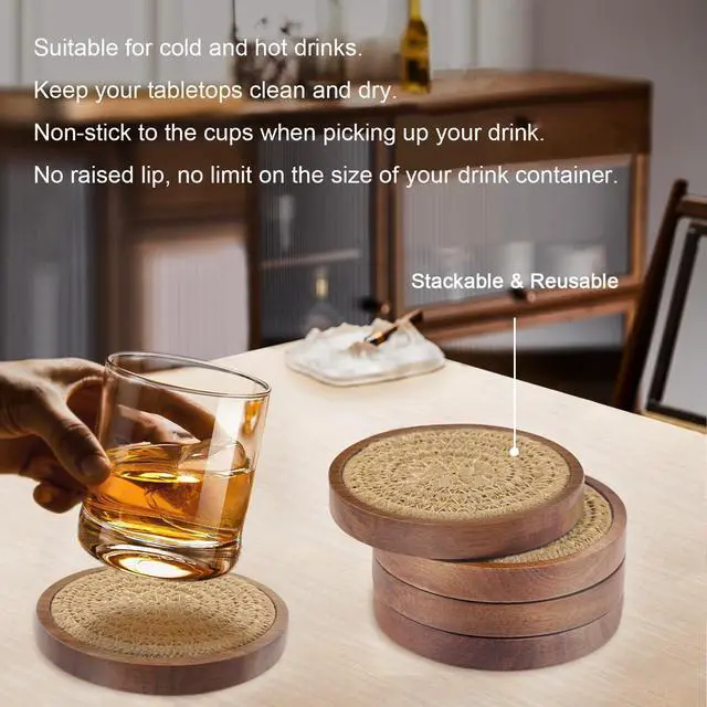 Alt view image 4 of 6 - Wood Coasters for Drinks, Absorbent Coaster Sets of 5, Woven Drink Coasters for Coffee Table, Housewarming Gift for Farmhouse Home Decor,4 inches