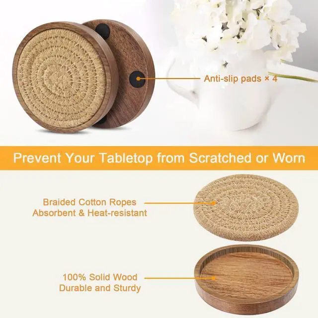 Alt view image 5 of 6 - Wood Coasters for Drinks, Absorbent Coaster Sets of 5, Woven Drink Coasters for Coffee Table, Housewarming Gift for Farmhouse Home Decor,4 inches