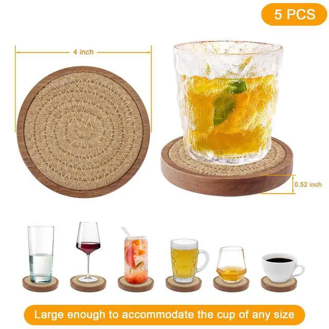 Alt view image 6 of 6 - Wood Coasters for Drinks, Absorbent Coaster Sets of 5, Woven Drink Coasters for Coffee Table, Housewarming Gift for Farmhouse Home Decor,4 inches