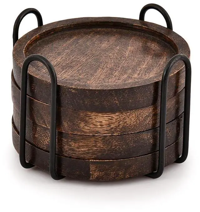 Main image of Mango Wood Coasters for Drinks with Iron Holder Stand Set of 4 for Drinking Glasses, Tabletop Protection for Any Table Type