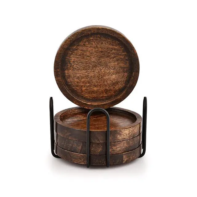 Alt view image 2 of 5 - Mango Wood Coasters for Drinks with Iron Holder Stand Set of 4 for Drinking Glasses, Tabletop Protection for Any Table Type