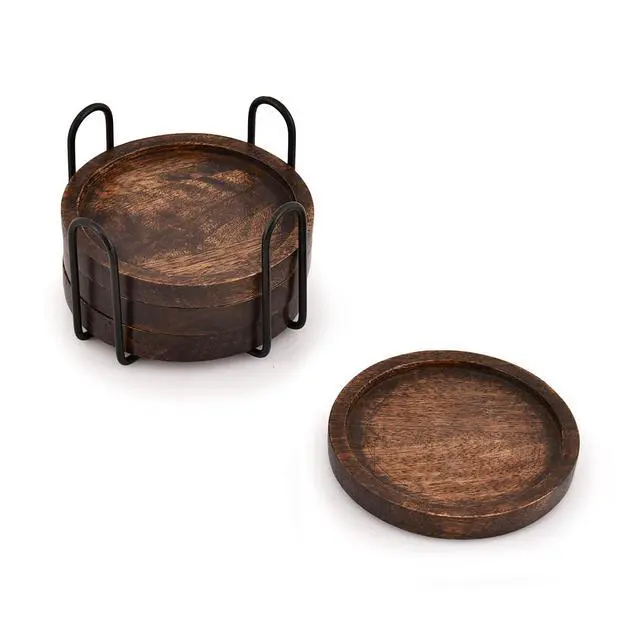 Alt view image 3 of 5 - Mango Wood Coasters for Drinks with Iron Holder Stand Set of 4 for Drinking Glasses, Tabletop Protection for Any Table Type