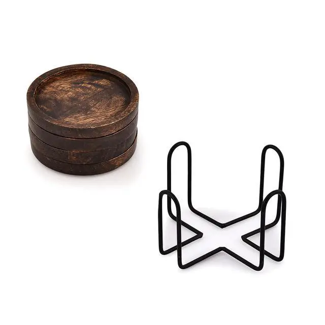 Alt view image 4 of 5 - Mango Wood Coasters for Drinks with Iron Holder Stand Set of 4 for Drinking Glasses, Tabletop Protection for Any Table Type