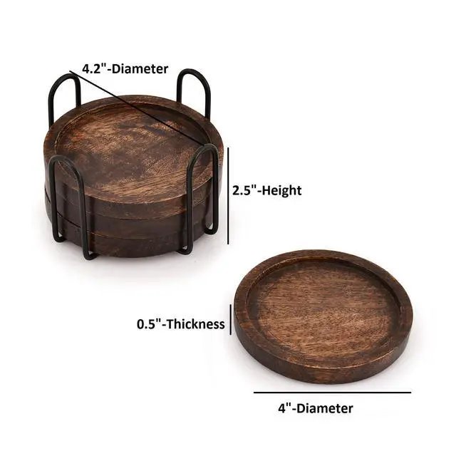 Alt view image 5 of 5 - Mango Wood Coasters for Drinks with Iron Holder Stand Set of 4 for Drinking Glasses, Tabletop Protection for Any Table Type