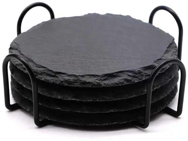 Main image of 4 PCS Round Slate Drink Coasters Set, 4 Inch Laser Engraving Black Slate Stone Coasters with Anti-Scratch Bottom and Coaster Holder for Office Bar Kitchen Home Dinner Table Decor Supplies