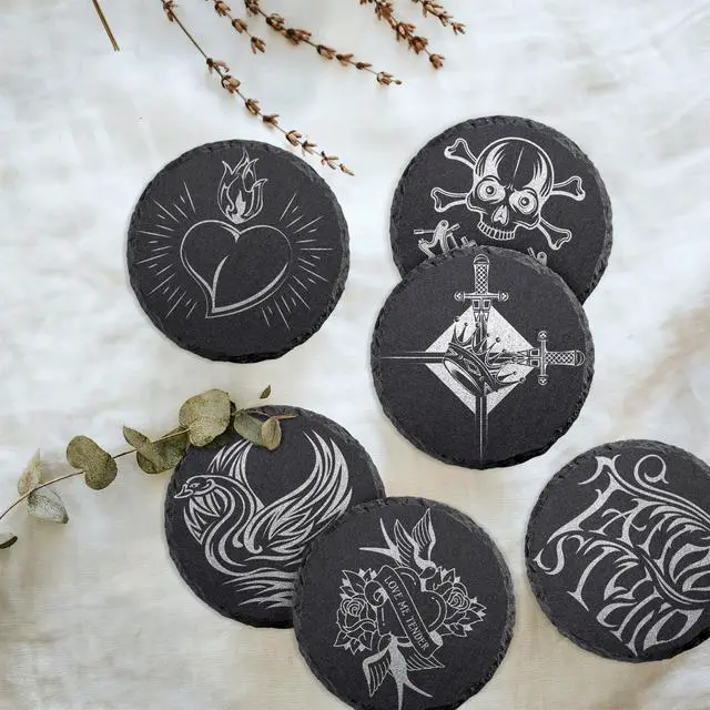 Alt view image 3 of 7 - 4 PCS Round Slate Drink Coasters Set, 4 Inch Laser Engraving Black Slate Stone Coasters with Anti-Scratch Bottom and Coaster Holder for Office Bar Kitchen Home Dinner Table Decor Supplies