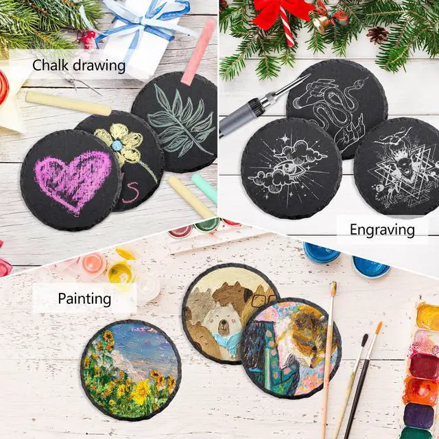 Alt view image 4 of 7 - 4 PCS Round Slate Drink Coasters Set, 4 Inch Laser Engraving Black Slate Stone Coasters with Anti-Scratch Bottom and Coaster Holder for Office Bar Kitchen Home Dinner Table Decor Supplies