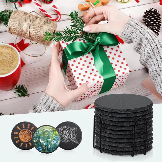 Alt view image 5 of 7 - 4 PCS Round Slate Drink Coasters Set, 4 Inch Laser Engraving Black Slate Stone Coasters with Anti-Scratch Bottom and Coaster Holder for Office Bar Kitchen Home Dinner Table Decor Supplies