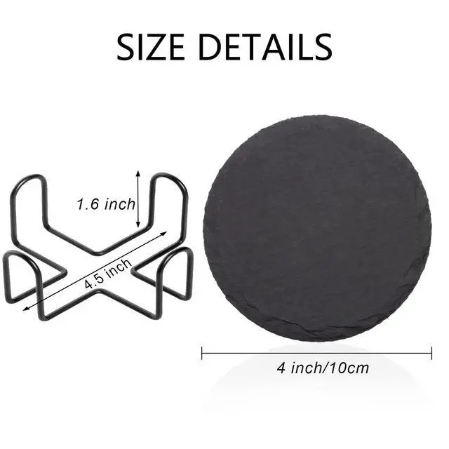 Alt view image 2 of 7 - 4 PCS Round Slate Drink Coasters Set, 4 Inch Laser Engraving Black Slate Stone Coasters with Anti-Scratch Bottom and Coaster Holder for Office Bar Kitchen Home Dinner Table Decor Supplies