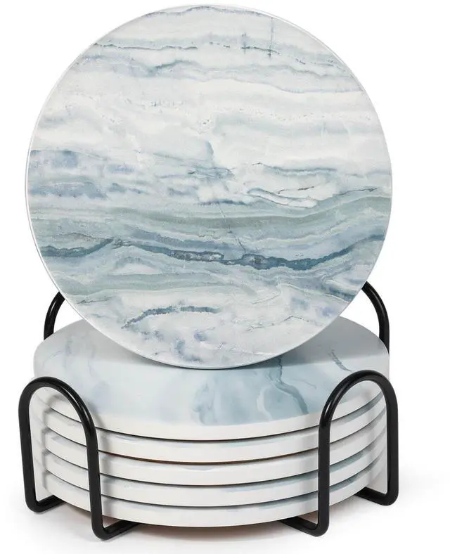 Main image of Drink Coasters with Holder for Coffee Table, Absorbent Coasters Set of 6, Marble Style Ceramic Coaster for Wooden Table, Suitable for Kinds of Cups, Home Decor, 4 Inches(Blue)