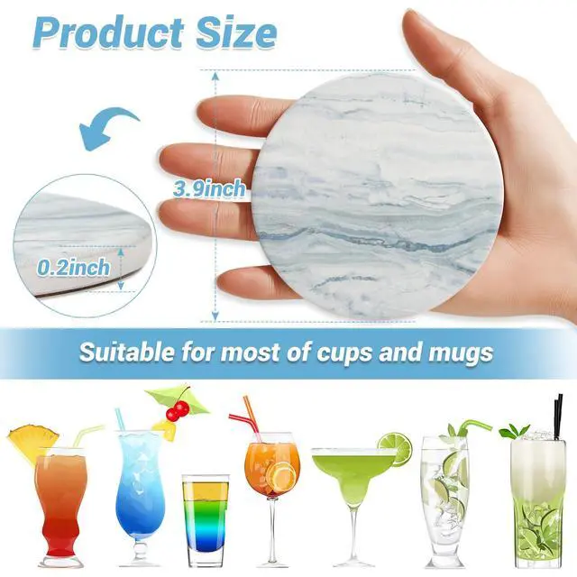 Alt view image 3 of 7 - Drink Coasters with Holder for Coffee Table, Absorbent Coasters Set of 6, Marble Style Ceramic Coaster for Wooden Table, Suitable for Kinds of Cups, Home Decor, 4 Inches(Blue)