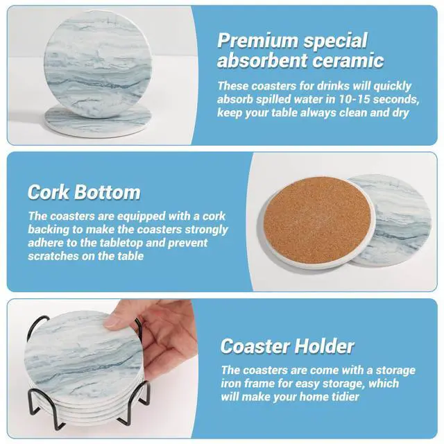 Alt view image 5 of 7 - Drink Coasters with Holder for Coffee Table, Absorbent Coasters Set of 6, Marble Style Ceramic Coaster for Wooden Table, Suitable for Kinds of Cups, Home Decor, 4 Inches(Blue)