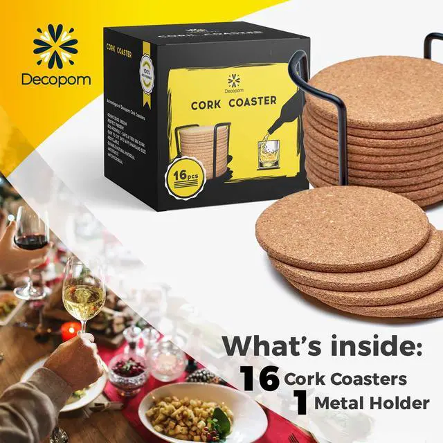Alt view image 2 of 7 - Cork Coasters for Drinks with Metal Holder - 16 Pcs Round 4 inch Drink Coaster Thick Absorbent Heat-Resistant Saucer