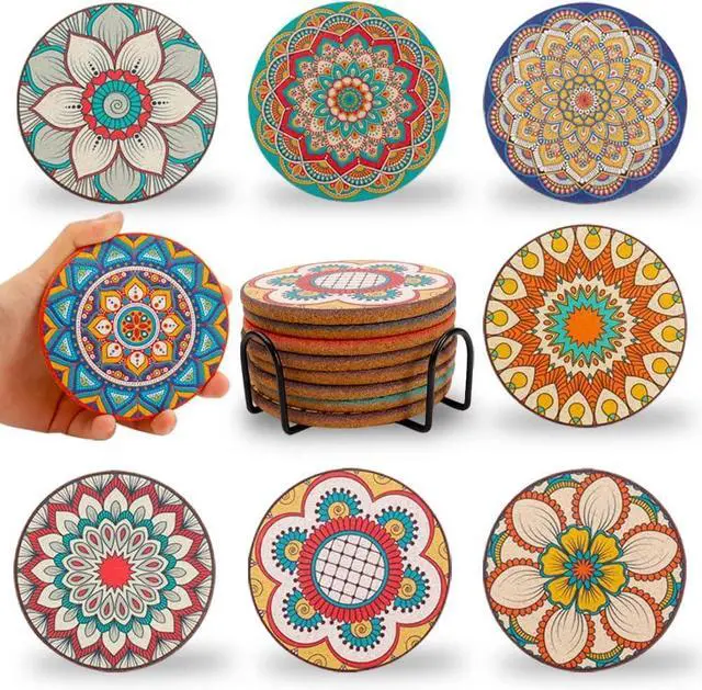 Main image of Coasters Set of 8 for Cup, Colorful Cork Drink Coaster with Holder | for Office Desk Table,Gift for Neighbor Worker Non-Slip Lightweight Heat Cool Resistant Color Boho Pattern Round 4 Inch