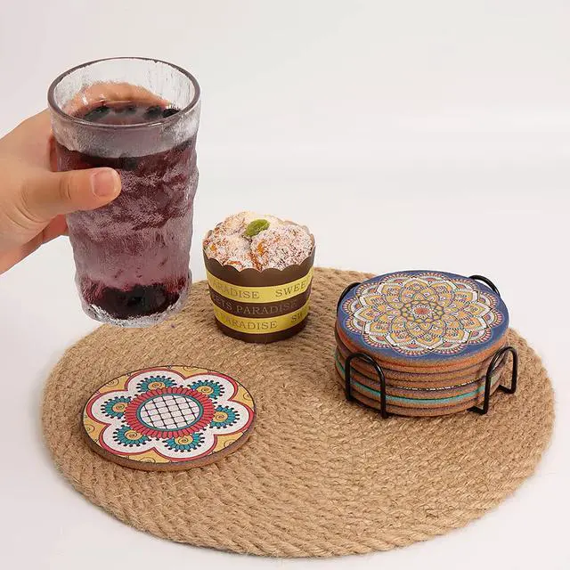 Alt view image 3 of 6 - Coasters Set of 8 for Cup, Colorful Cork Drink Coaster with Holder | for Office Desk Table,Gift for Neighbor Worker Non-Slip Lightweight Heat Cool Resistant Color Boho Pattern Round 4 Inch