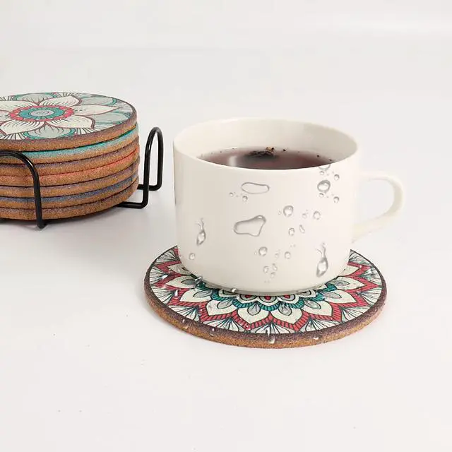 Alt view image 6 of 6 - Coasters Set of 8 for Cup, Colorful Cork Drink Coaster with Holder | for Office Desk Table,Gift for Neighbor Worker Non-Slip Lightweight Heat Cool Resistant Color Boho Pattern Round 4 Inch