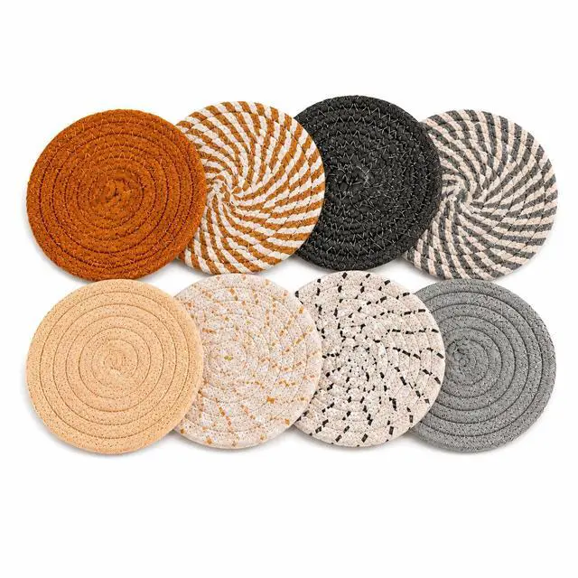 Main image of 8 PCS Coasters for Drinks - Woven Absorbent Coaster Set of 8 Colors | 4.3 Inch Handwoven Cotton Coasters for Boho Home Decor Coffee Table Farmhouse Kitchen Tabletop Protection & Housewarming Gift
