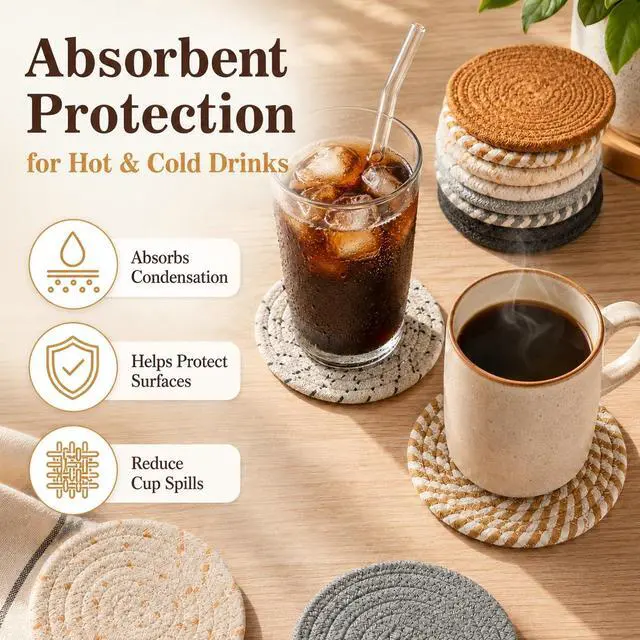 Alt view image 2 of 7 - 8 PCS Coasters for Drinks - Woven Absorbent Coaster Set of 8 Colors | 4.3 Inch Handwoven Cotton Coasters for Boho Home Decor Coffee Table Farmhouse Kitchen Tabletop Protection & Housewarming Gift