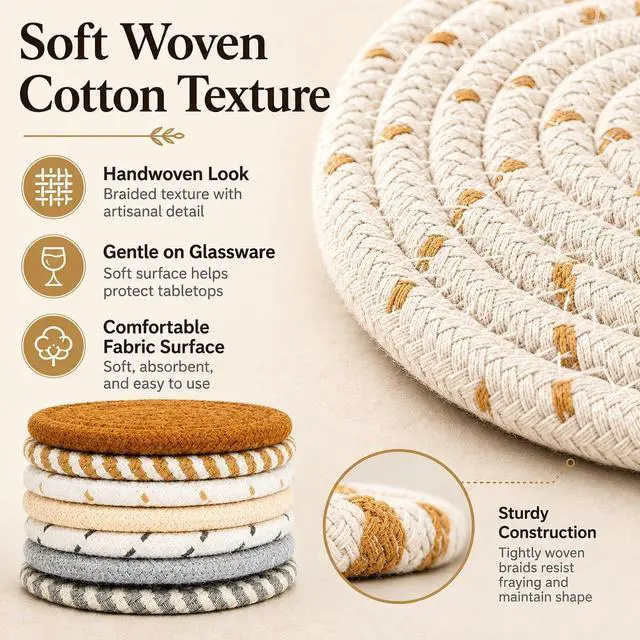 Alt view image 3 of 7 - 8 PCS Coasters for Drinks - Woven Absorbent Coaster Set of 8 Colors | 4.3 Inch Handwoven Cotton Coasters for Boho Home Decor Coffee Table Farmhouse Kitchen Tabletop Protection & Housewarming Gift