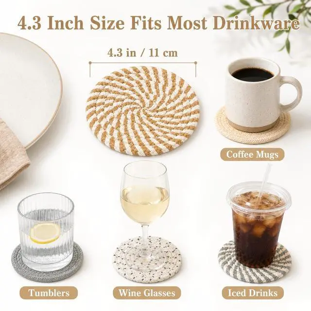 Alt view image 4 of 7 - 8 PCS Coasters for Drinks - Woven Absorbent Coaster Set of 8 Colors | 4.3 Inch Handwoven Cotton Coasters for Boho Home Decor Coffee Table Farmhouse Kitchen Tabletop Protection & Housewarming Gift
