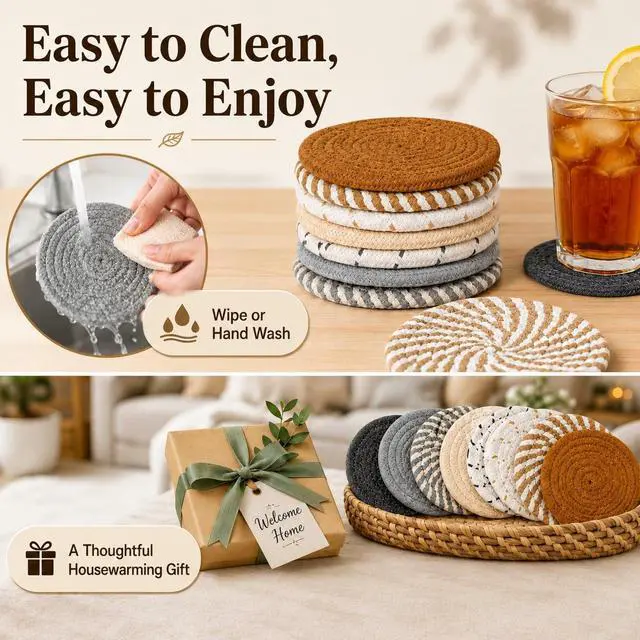 Alt view image 6 of 7 - 8 PCS Coasters for Drinks - Woven Absorbent Coaster Set of 8 Colors | 4.3 Inch Handwoven Cotton Coasters for Boho Home Decor Coffee Table Farmhouse Kitchen Tabletop Protection & Housewarming Gift