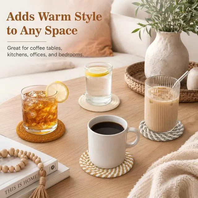 Alt view image 7 of 7 - 8 PCS Coasters for Drinks - Woven Absorbent Coaster Set of 8 Colors | 4.3 Inch Handwoven Cotton Coasters for Boho Home Decor Coffee Table Farmhouse Kitchen Tabletop Protection & Housewarming Gift