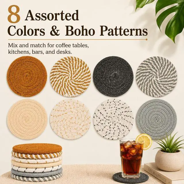 Alt view image 5 of 7 - 8 PCS Coasters for Drinks - Woven Absorbent Coaster Set of 8 Colors | 4.3 Inch Handwoven Cotton Coasters for Boho Home Decor Coffee Table Farmhouse Kitchen Tabletop Protection & Housewarming Gift