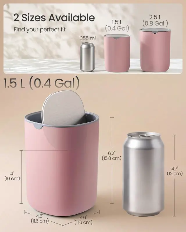 Alt view image 3 of 7 - Mini Desk Trash Can with Stainless Steel Swing Lid, 0.4 Gal | Small Table Round Wastebasket for Bathroom, Vanity, Bedroom, Car, Jelly Pink, PARRI Collection ULTB150S101