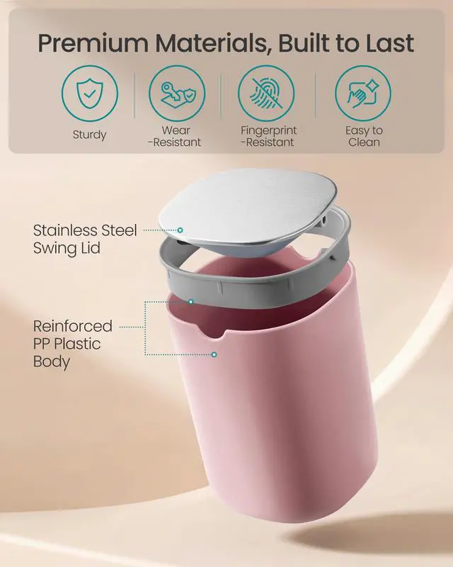 Alt view image 6 of 7 - Mini Desk Trash Can with Stainless Steel Swing Lid, 0.4 Gal | Small Table Round Wastebasket for Bathroom, Vanity, Bedroom, Car, Jelly Pink, PARRI Collection ULTB150S101