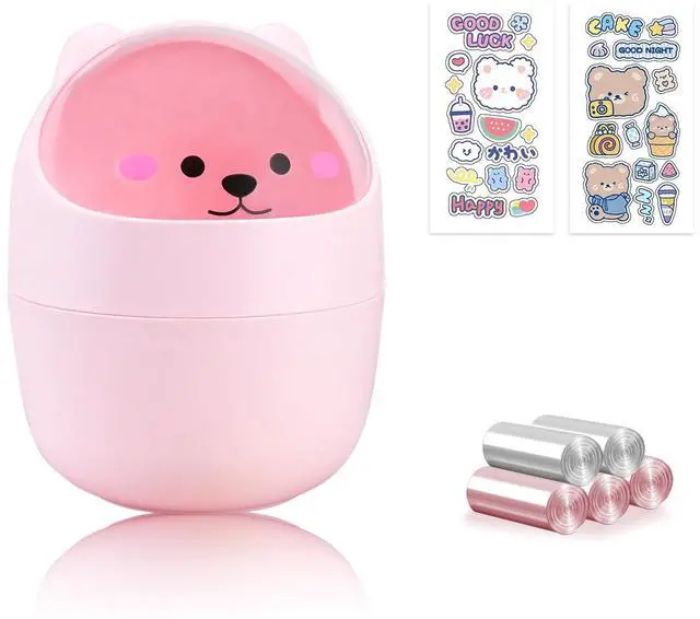 Main image of Cute Desktop Tiny Trash Can with Flip Lid, Creative Kawaii Bear Mini Wastebasket, Portable Countertop Dustbin for Office Kitchen Vanity Tabletop Bedroom (Pink)