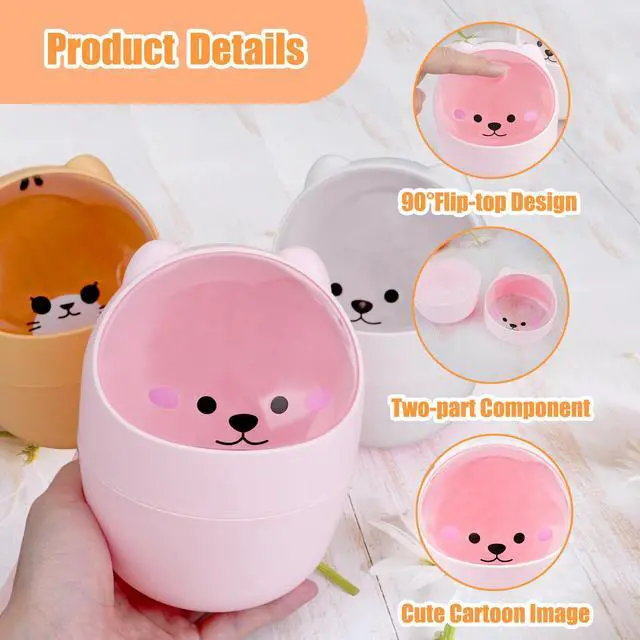 Alt view image 3 of 7 - Cute Desktop Tiny Trash Can with Flip Lid, Creative Kawaii Bear Mini Wastebasket, Portable Countertop Dustbin for Office Kitchen Vanity Tabletop Bedroom (Pink)