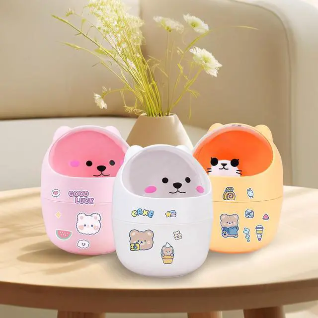 Alt view image 4 of 7 - Cute Desktop Tiny Trash Can with Flip Lid, Creative Kawaii Bear Mini Wastebasket, Portable Countertop Dustbin for Office Kitchen Vanity Tabletop Bedroom (Pink)