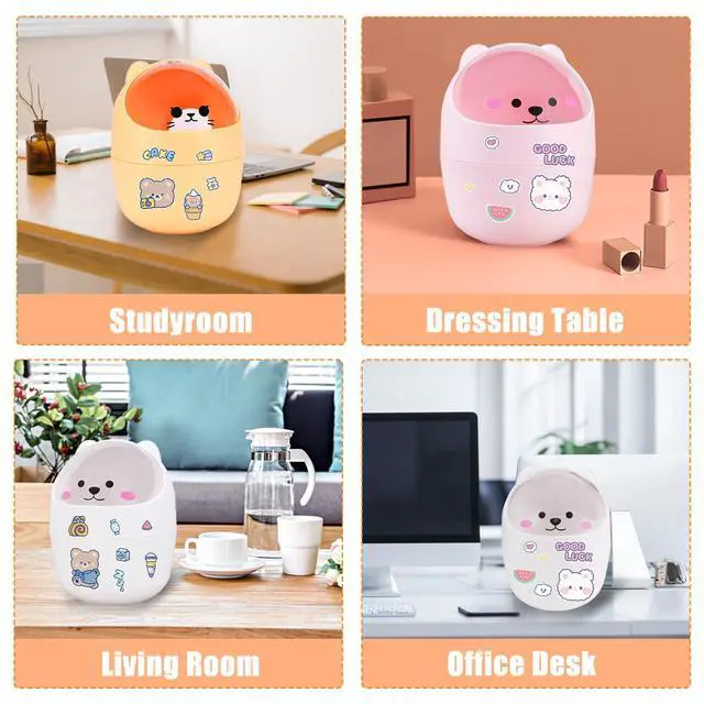 Alt view image 6 of 7 - Cute Desktop Tiny Trash Can with Flip Lid, Creative Kawaii Bear Mini Wastebasket, Portable Countertop Dustbin for Office Kitchen Vanity Tabletop Bedroom (Pink)