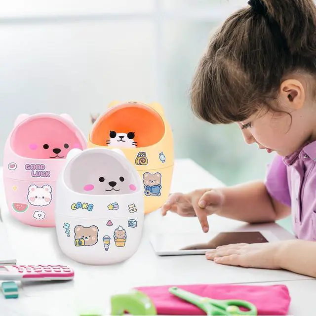 Alt view image 5 of 7 - Cute Desktop Tiny Trash Can with Flip Lid, Creative Kawaii Bear Mini Wastebasket, Portable Countertop Dustbin for Office Kitchen Vanity Tabletop Bedroom (Pink)